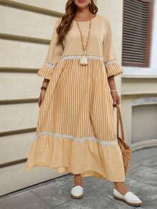 Ropa de invierno talla grande para mujer, conjunto de vacaciones, disfraz de mujer, vestido casual largo suelto con cuello redondo, mangas acampanadas, volantes en el bajo, a rayas - Mostaza Amarilla - Ver 5
