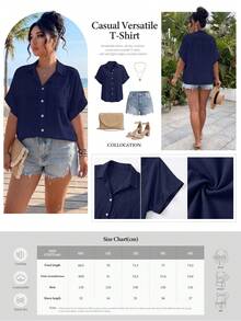 Elenzga 大码休闲纯色蝙蝠袖衬衫 - 藏蓝色 - 查看 2