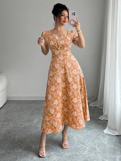 Rafferiza Women's Floral Jacquard Petal Sleeve Waist Cinched Elegant Dress