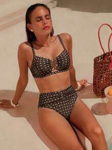 Swim Chiccia 2026春夏可调节加粗肩带方领金色U型装饰侧高腰飘逸设计女士优雅比基尼套装 - 咖啡棕 - 查看 5