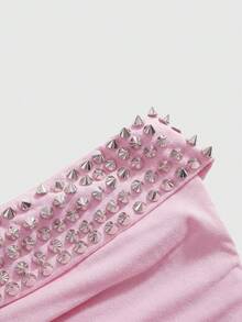 ROMWE J-Fashion 女款鉚釘裝飾綁帶領開衩休閒百搭日常穿著上衣 - 淺粉色 - 查看 5