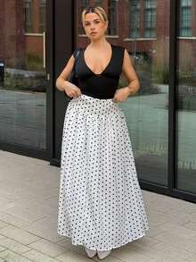 Bethéva Women's French-Style Elegant Polka Dot Print Long Skirt For Fall   White Skirt For Women    Elegant Party Clothes   New Year Women's Clothes  Autumn Winter Women      White Polka Dot Skirt    Black And White Skirt    Polka Dot Midi Skirt Casual Spring - Beige - View 5