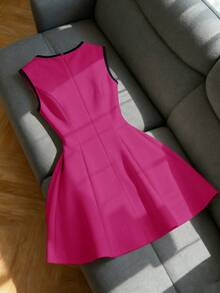 GlowEve Đầm nữ không tay cổ tròn, eo xếp ly dáng chữ A, phối màu, phong cách thường ngày, tối giản, thanh lịch, lãng mạn. - Màu Hồng Tươi - Xem 2