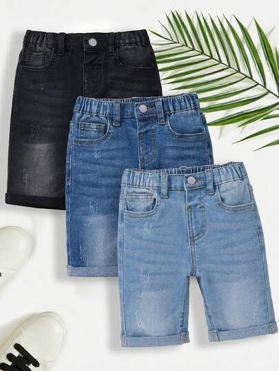 SHEIN 3pcs/Set Young BoyBlack, Dark Blue, Light Blue Denim Elastic Skinny Shorts