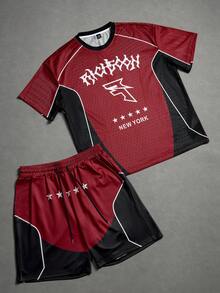 PAVTROS 男士休闲撞色字母印花T恤短裤套装，夏季 - 彩色 - 查看 3