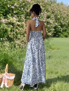 Selianne Boho Sleeveless Halter Tie Back A Line Flared Dress For Women With Blue Plants Pattern Fabric - Blue - View 2