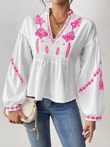 SHEIN LUNE Women's Shirred Graphic Print Long Sleeve Button Shirt Peplum Top Fall Cloth For Women - Hot Pink - View 4