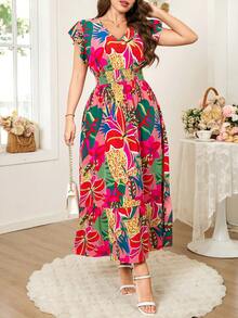 Reflora 大码女式夏季连衣裙，优雅印花不对称下摆连衣裙 - 彩色 - 查看 6