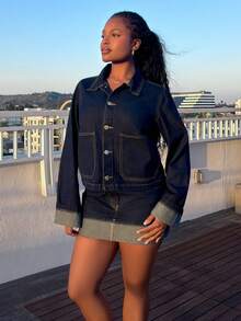 Tyla Gomez 女深蓝色牛仔套装长袖牛仔外套和卷边下摆裙25秋冬新款韩版休闲装办公室女装ins风秋季外套两件套牛仔套装女 - 深色水洗藍 - 查看 3