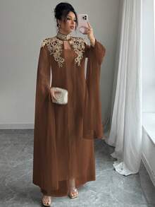 Rafferiza Women's Dignified, Elegant And Graceful Applique Decorated Robe And Dress Set - Coffee Brown - View 3