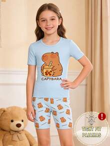 Snug Fit  Teen Girls 2 Pieces Cartoon Capybara Short Sleeve Top And Shorts Pajama Set, Tight Pajamas Summer Suitable Sweet Girly Style Cute And Comfortable 2026 New Resort Atmosphere Relaxed And Comfortable Girl Outfit Set Girls' Children's Clothing  Snug Fit - Blue - View 6
