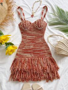 Soleia Vestido mini ajustado con tirantes de espagueti, bajo con flecos y con forma de concha, adecuado para la playa, la isla, las vacaciones, el estilo bohemio, vintage y festivo - Multicolor - Ver 6