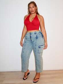 MelDlgn Plus Size Sexy Solid Color Halter Backless Camisole Top, Summer - Red - View 3