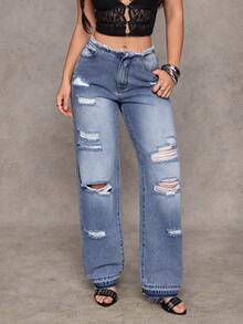 Jeanoix Y2K 时尚低腰休闲做旧水洗直筒牛仔裤 - 中等水洗藍 - 查看 7