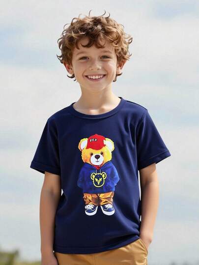 SHEIN Genkimix Kids Toddler Boys' Cute Cartoon Bear & Letter Print Short Sleeve T-Shirt, Casual Comfortable Knit Tee, Suitable For Summer