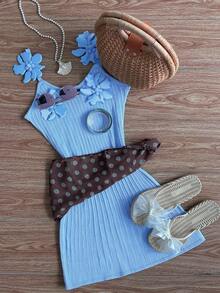 Lyxana Spring/Summer New Handpainted Sleeveless A-Line Waist Fitted Casual Women Sweater Dress - Blue - View 5