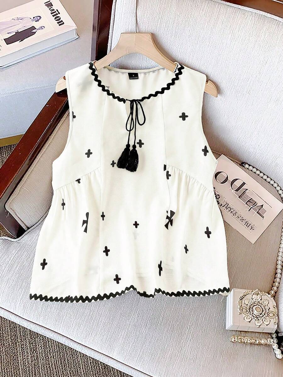 GlowEve 优雅十字印花荷叶边下摆无袖上衣 - 杏色 - 查看 1