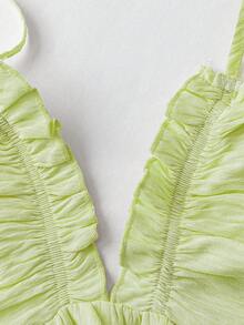 SHEIN Sweetro Đầm hè kiểu dáng mới, thanh lịch, gợi cảm, thích hợp cho kỳ nghỉ biển, chất liệu vải có họa tiết, cổ chữ V sâu, dây đeo xếp ly, eo thon gọn. - màu xanh lá - Xem 5