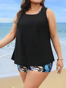 Swim Lushoire Große Größen 3-teiliges Bademode Set für Damen, Blume Muster Tankini Top, einfarbige Shorts und Strandkleid, konservativ-reifer Stil für Strand, Pool, Urlaub - Verschiedenfarbig - Übersicht 3
