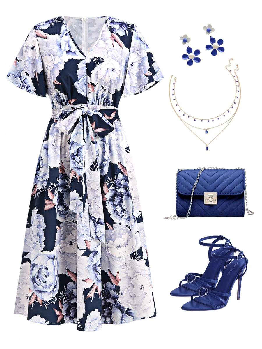 Ellevyn 女士碎花V领短袖中长连衣裙 蓝色连衣裙 伴娘礼服 优雅派对连衣裙 夏季女装 优雅连衣裙 夏季女士婚礼宾客宽松腰带蓝色碎花长裙 女士腰带连衣裙 女士夏季穿搭 流行穿搭 女士碎花连衣裙 女士夏季连衣裙 - 藍色 - 查看 1