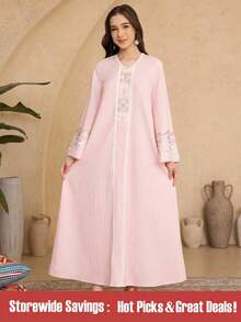 SHEIN 少女宽松长袖连衣裙，穆斯林长袍风格，蕾丝 V 领，适合外出、上学、居家、春夏秋季 - 粉色 - 查看 1