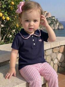 Souflis Souflis Baby Girl Lace Trim Polo Collar Short Sleeve Top, Spring/Summer - Navy Blue - View 4