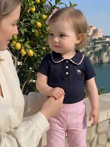 Souflis Souflis Baby Girl Lace Trim Polo Collar Short Sleeve Top, Spring/Summer - Navy Blue - View 5