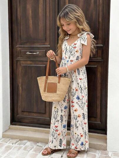 SHEIN Sparklyn 1pc Girls Casual Floral Digital Print Sleeveless Jumpsuit With Detachable Bow Decor, Straight Leg Wide Leg Romper For Daily Wear, Spring/Summer