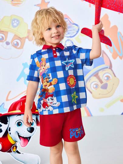 SHEIN | PAW Patrol 男童休闲时尚日常通勤可爱格子印花短袖Polo衫和短裤套装，夏季