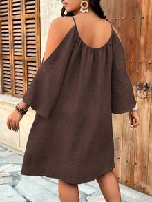 Weeklong Vestido midi casual de línea A con cuello redondo, fruncido, plisado, abertura y mangas 3/4 para tallas grandes - Marrón - Ver 2
