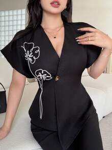 Feyla 女士优雅百搭裹身短袖西装外套 - 黑色 - 查看 1