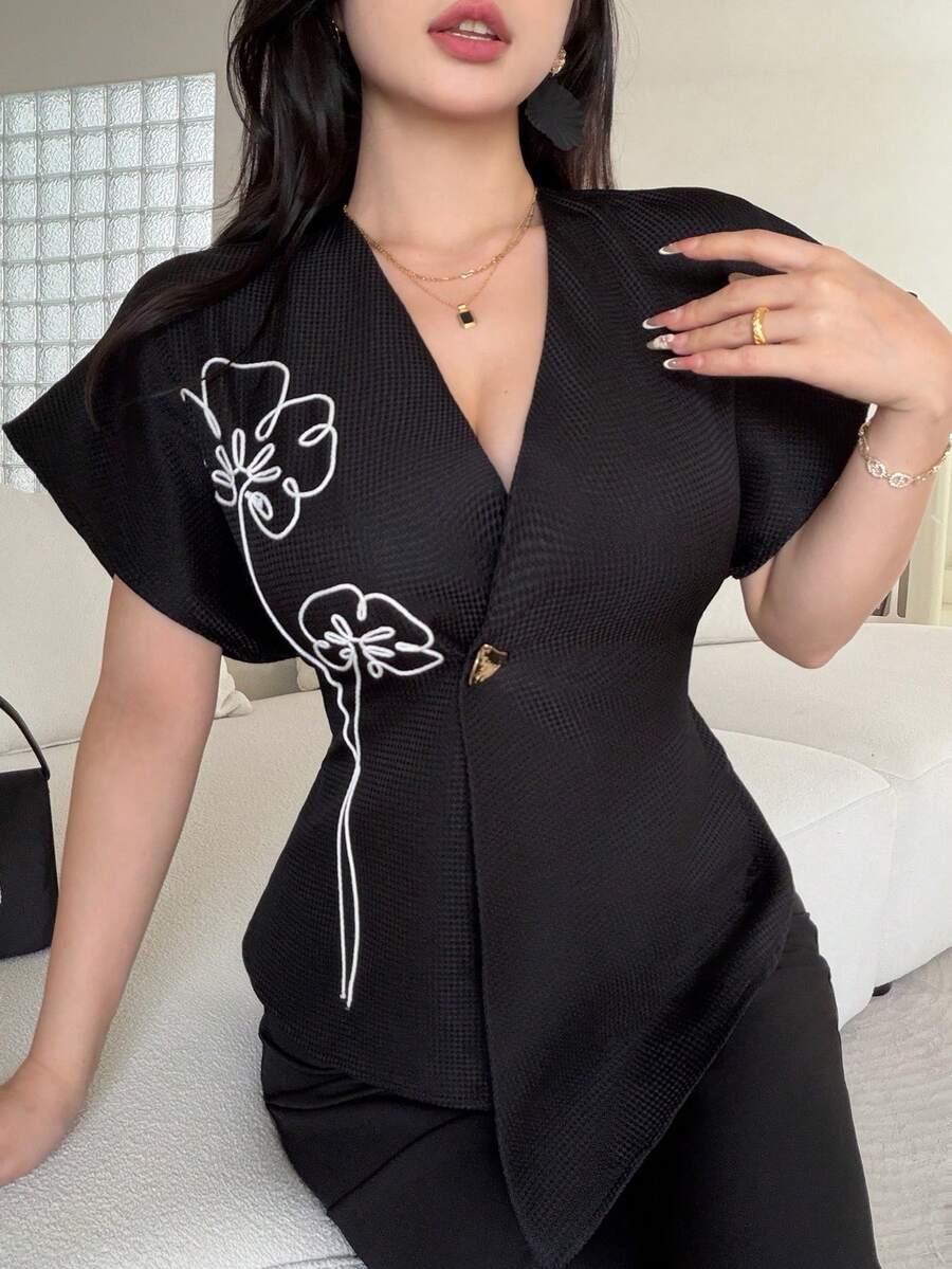 Feyla 女士优雅百搭裹身短袖西装外套 - 黑色 - 查看 1