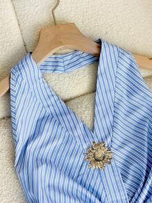 Franclia 2pcs Elegant Striped Decorative Button Neck Top Set - Multicolor - View 7