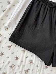 SHEIN 2pcs/Set Teen Girls' Black & White Woven Loose Drawstring Waist Casual Vacation Shorts, Spring/Summer - Black and White - View 4