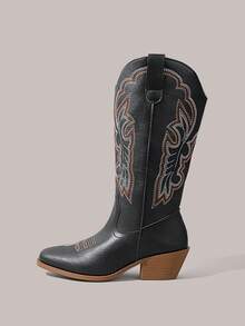 Styleloop Women's Mid Boots, Black, Bohemian, Vintage American, Bohemian, Western Boots, Coachella Festival, Vacation Wear, Travel Essentials - Black leather - View 2