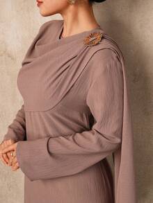 Graceveil Women's Solid Color Metal Decor Elegant Modest Muslim Long Dress,Pink And Brown Autumn Party Dining Abaya Cape Detail Formal Wedding Guest Dresses - Light Grey - View 3
