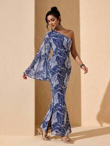 JIAN LASALA 夏季热带印花网纱单肩喇叭长袖修身长裙度假装 - 藍色 - 查看 4