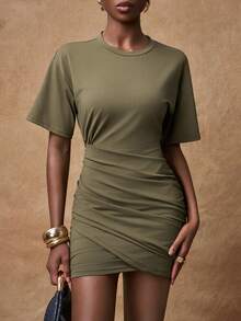 Zivah Women's Olive Green Summer Casual Date Ruched Mini Dress,Round Neck Short Sleeve Minimalist College Style Street Fashion Music Festival Talk Dress - Army Green - View 4