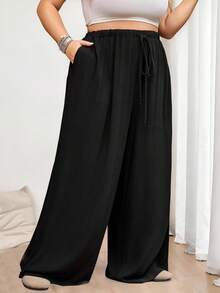 SHEIN CURVE+ Curve 尺码 US22 音乐节、海滨度假、波西米亚纯色休闲打结阔腿裤、阔腿亚麻裤、商务休闲女装 - 黑色 - 查看 4