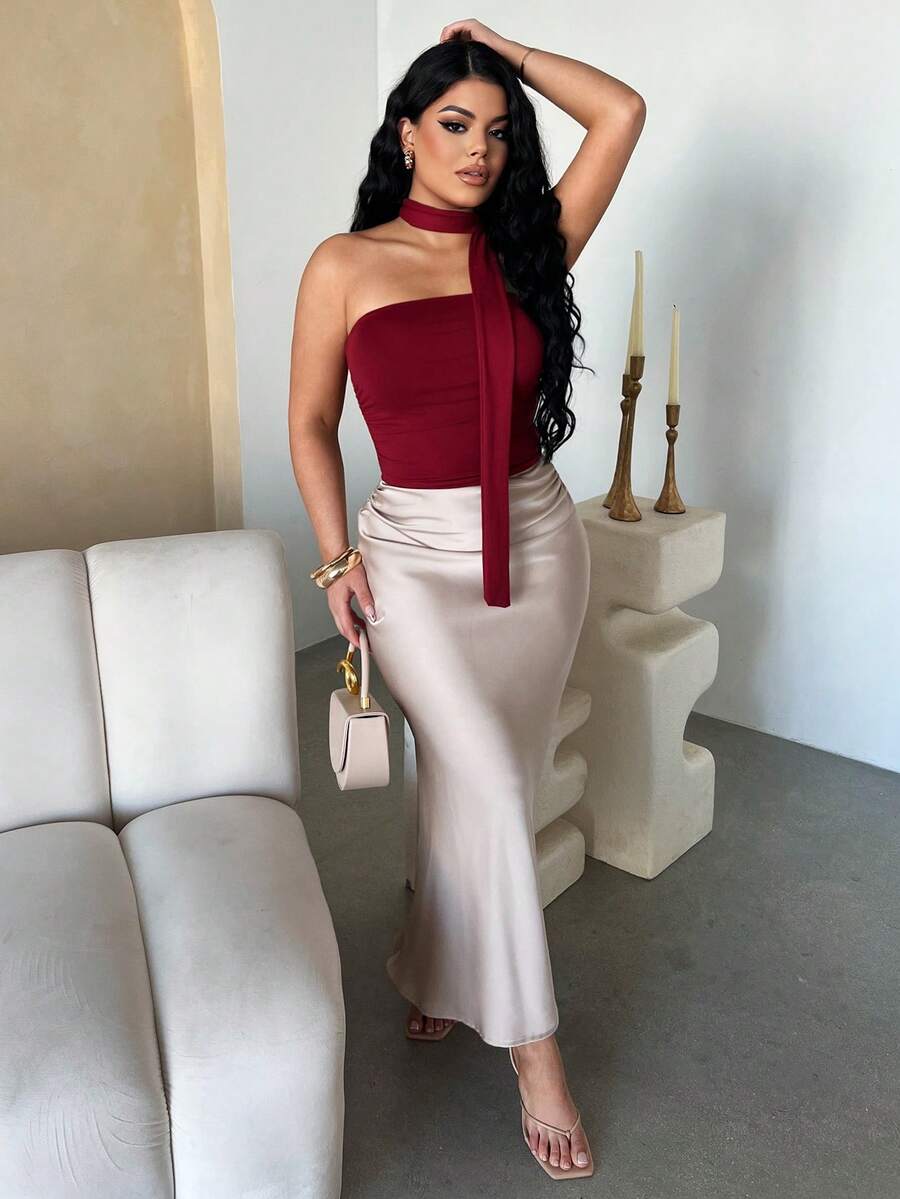 Dayanna Comas Áo ống đỏ xếp ly họa tiết da báo phong cách Y2K dành cho nữ - Màu Đỏ Sâu - Xem 1