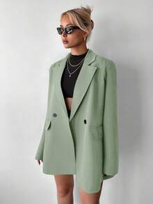 Ritzy Row Women's Casual Oversized Padded Shoulder Mid-Length Double-Breasted Blazer - Green - View 4