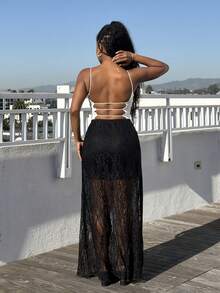 Tyla Gomez 女士性感黑色野花蕾丝拼接轻盈透气长款夏季半身裙 - 黑色 - 查看 2