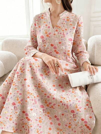 SHEIN Najma Yellow & Purple Ditsy Floral V-Neck Flounce Hem Long Sleeve Maxi Dress, Elegant Arabic Style Attire For Spring & Summer