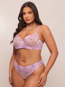 SHEIN BAE 2pcs/Set Women Plus Size Pink Lingerie Set, Lift - Purple - View 3