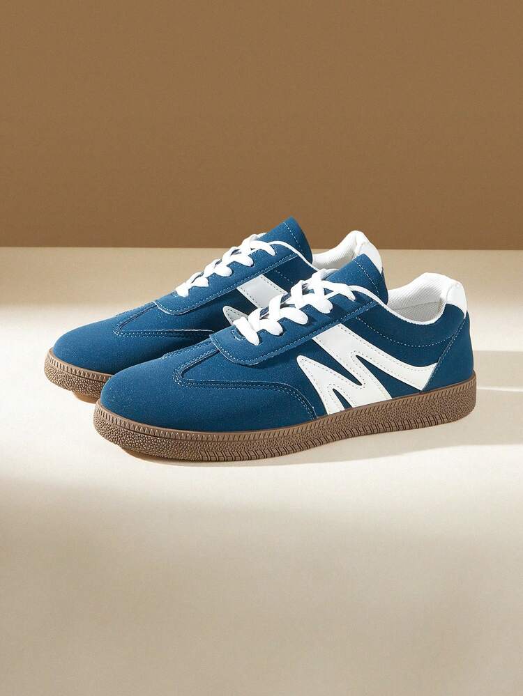 CUCCOO EASI Women's Lace-Up Splicing Round Toe Flat-Bottomed Casual Sneakers Comfortable Daily Outdoor Casual PU Leather Blue Casual Sneakers