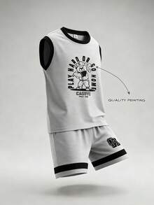 SHEIN Casuvi Kids 2pcs/Set Boys Casual Sports Daily Loose Letter Print Round Neck Short Sleeve T-Shirt And Elastic Waist Loose Letter Print Shorts Set, Summer Basketball Outfit For Boys Boy Sleeveless Sets Boys Tank And Shorts Set Boys Athletic Set Boys 2 Pieces Set Gym Outfit For Kids Boy Kids Outfit Set Boy Summer Sets - Grey - View 3