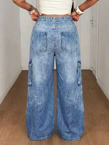 Maweii Pantalones sueltos de estilo callejero retro minimalista y estampados de manera casual - Azul - Ver 2