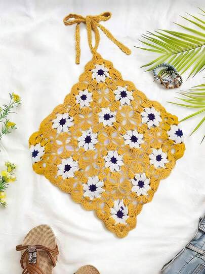 Trelyra Women's Vacation Colorblock Floral Halter Knit Backless Blouse