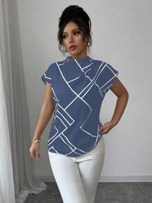 Elenzga 女士春夏休闲优雅立领不对称几何数码印花短袖衬衫 - 藍色 - 查看 3