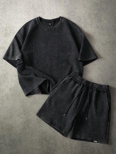 PAVTROS Men's Casual Textured Loose Fit Short Sleeve T-Shirt And Drawstring Waist Shorts Set, Fashionable Street Style For Daily Commute, Summer Mans 2 Piece Set Mens Two Piece Set Mens Co Ord Set Mens Clothes Short Set Man Clothes Set